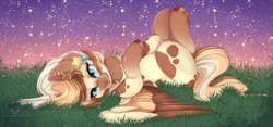 Size: 1600x749 | Tagged: safe, artist:silent-shadow-wolf, derpibooru import, oc, oc:heavenly hazelnut, unofficial characters only, pegasus, pony, constellation, digital art, ear piercing, female, grass, looking at you, lying down, mare, piercing, signature, solo, spread wings, stars, wings