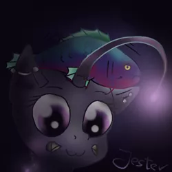 Size: 500x500 | Tagged: angler fish, angler seapony, artist:jesterpi, bust, cute, dark, derpibooru import, female, fish, glow, mare, merpony, oc, oc:deep lilly, purple background, purple eyes, safe, simple background, smiling, trout, underwater, unofficial characters only