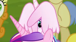 Size: 1280x720 | Tagged: safe, derpibooru import, screencap, carrot top, golden harvest, goldengrape, princess cadance, princess flurry heart, sir colton vines iii, alicorn, earth pony, pony, road to friendship, baby, baby pony, covering, cute, female, flurrybetes, male, mare, mother and daughter, peeking, pony hat, scared, stallion, wing covering