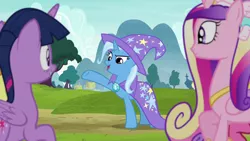 Size: 1280x720 | Tagged: safe, derpibooru import, screencap, princess cadance, princess flurry heart, trixie, twilight sparkle, twilight sparkle (alicorn), alicorn, pony, unicorn, road to friendship, aunt and niece, auntie twilight, cape, clothes, diaper, female, hat, mare, mother and daughter, pony hat, trixie's cape, trixie's hat