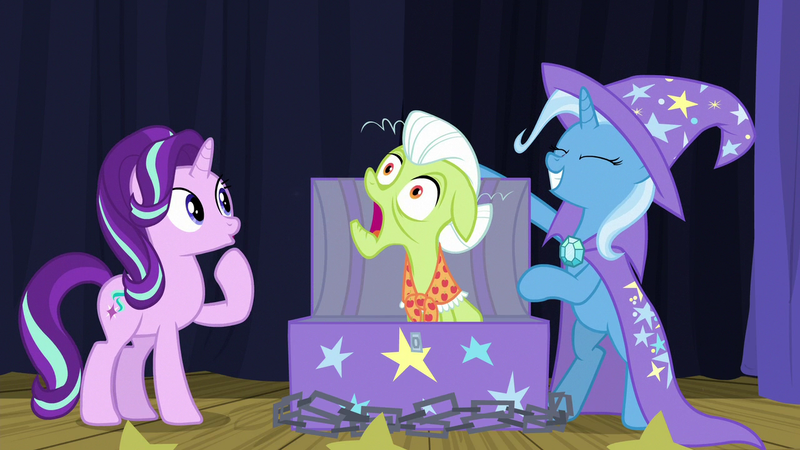 Size: 1280x720 | Tagged: safe, derpibooru import, screencap, granny smith, starlight glimmer, trixie, earth pony, pony, unicorn, road to friendship, chains, chest, female, mare, stage