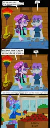 Size: 636x1618 | Tagged: safe, artist:cate wurtz, derpibooru import, maud pie, starlight glimmer, trixie, earth pony, semi-anthro, unicorn, apple, bipedal, bong, comic, dialogue, equestria girls outfit, female, food, kite, lesbian, polyamory, shipping, starmaud, starmauxie, startrix