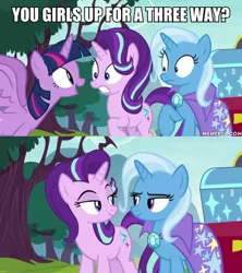 Size: 600x675 | Tagged: suggestive, derpibooru import, edit, edited screencap, screencap, starlight glimmer, trixie, twilight sparkle, twilight sparkle (alicorn), alicorn, pony, unicorn, road to friendship, cape, clothes, female, image macro, implied lesbian, implied threesome, mare, meme, trixie's cape