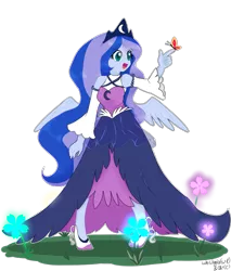 Size: 1021x1200 | Tagged: safe, artist:ch-chau, artist:whiskyice, derpibooru import, princess luna, butterfly, equestria girls, clothes, collaboration, dress, female, open mouth, simple background, solo, transparent background, vice principal luna