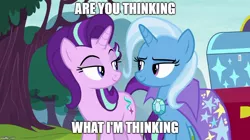 Size: 888x499 | Tagged: safe, derpibooru import, edit, edited screencap, screencap, starlight glimmer, trixie, pony, unicorn, road to friendship, cape, clothes, cutie mark, duo, female, image macro, looking at each other, mare, meme, trixie's cape