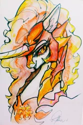 Size: 2002x2996 | Tagged: safe, artist:goldenrainynight, derpibooru import, daybreaker, pony, bust, female, fire, helmet, horn, mane of fire, mare, portrait, sharp teeth, signature, simple background, solo, teeth, traditional art, white background