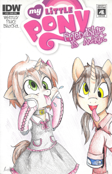 Size: 772x1200 | Tagged: safe, artist:moonkitty, derpibooru import, oc, oc:ryleigh, oc:uriel, unofficial characters only, pony, unicorn, adorkable, bow, clothes, collar, colored pencil drawing, comic cover, commission, converse, cute, derp, dork, dress, dress shirt, duo, female, hair bow, male, mare, necktie, pwffzzt, raspberry, shoes, silly, silly face, silly pony, spitting, stallion, tongue out, traditional art