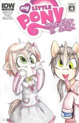 Size: 772x1200 | Tagged: safe, artist:moonkitty, derpibooru import, oc, oc:ryleigh, oc:uriel, unofficial characters only, pony, unicorn, adorkable, bow, clothes, collar, colored pencil drawing, comic cover, commission, converse, cute, derp, dork, dress, dress shirt, duo, female, hair bow, male, mare, necktie, pwffzzt, raspberry, shoes, silly, silly face, silly pony, spitting, stallion, tongue out, traditional art