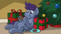 Size: 2400x1350 | Tagged: safe, artist:latecustomer, derpibooru import, oc, oc:windy dripper, pegasus, pony, belly button, christmas, christmas tree, cookie, cute, food, holiday, male, present, tree
