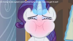 Size: 1280x720 | Tagged: blushing, constipated, derpibooru import, edit, edited screencap, glowing horn, gross, implied pooping, magic, puffy cheeks, rarity, red face, safe, screencap, solo, straining, sweet and elite