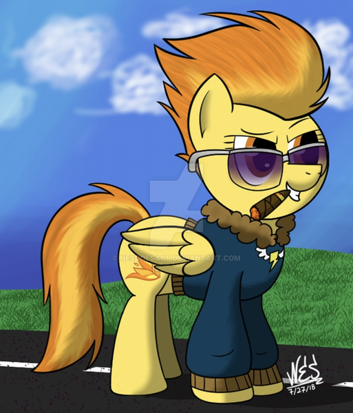 Size: 1024x1197 | Tagged: artist:nesdoesart, bomber jacket, cigar, clothes, derpibooru import, jacket, obtrusive watermark, runway, safe, sky, solo, spitfire, sunglasses, watermark, wonderbolts