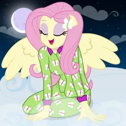 Size: 7680x7680 | Tagged: safe, artist:efk-san, derpibooru import, fluttershy, equestria girls, absurd resolution, beautiful, clothes, cloud, cute, eyes closed, female, moon, night, pajamas, ponied up, shyabetes, smiling, solo, wings