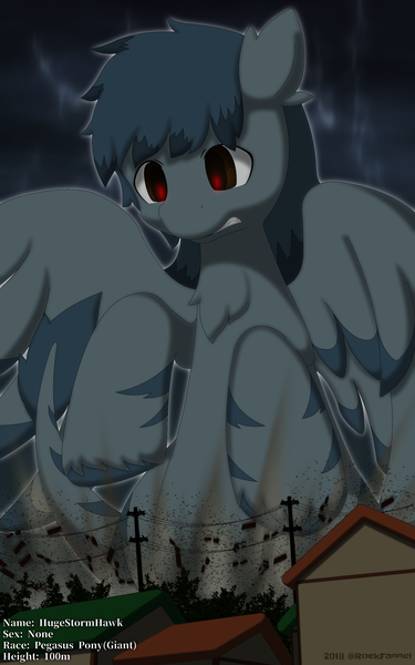Size: 2000x3200 | Tagged: safe, artist:rockfannel, derpibooru import, oc, oc:stormhawk, unofficial characters only, pegasus, pony, building, destruction, giant pony, house, macro, neighborhood, red eyes, solo