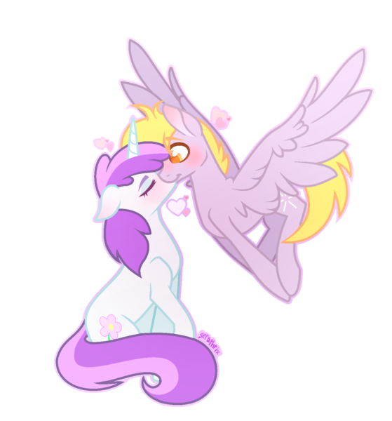 Size: 1421x1525 | Tagged: safe, artist:serathrix, derpibooru import, crackle pop, liza doolots, petunia, tootsie flute, pegasus, pony, unicorn, blushing, colt, digital art, female, filly, flying, heart, kissing, male, shipping, simple background, straight, tootsiepop, transparent background