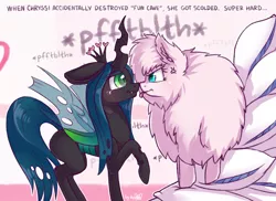 Size: 2304x1680 | Tagged: safe, artist:dsp2003, derpibooru import, queen chrysalis, oc, oc:fluffle puff, changeling, changeling queen, pony, :p, angry, blushing, canon x oc, chrysipuff, comic, crying, cute, cutealis, female, flufflebetes, fun cave, hnnng, lesbian, mare, narration, nose to nose, onomatopoeia, pillow, pillow fort, shipping, signature, silly, single panel, text, tongue out