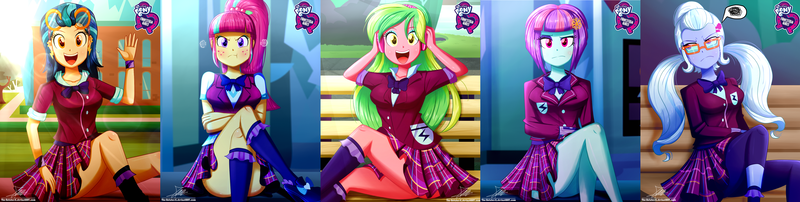 Size: 4592x1160 | Tagged: safe, artist:the-butch-x, derpibooru import, edit, part of a set, indigo zap, lemon zest, sour sweet, sugarcoat, sunny flare, equestria girls, friendship games, angry, annoyed, ass, bench, blushing, breasts, butch's hello, butt, butt freckles, clothes, covering, crossed arms, crossed legs, crystal prep academy uniform, crystal prep shadowbolts, cute, ear piercing, equestria girls logo, female, freckles, frown, glasses, goggles, grumpy, headphones, hello x, high heels, kneesocks, legs, lidded eyes, looking at you, madorable, open mouth, piercing, pigtails, plaid skirt, pleated skirt, ponytail, pouting, school uniform, schrödinger's pantsu, scrunchy face, shadow five, shoes, signature, sitting, skirt, skirt lift, smiling, socks, sour seat, sour sweet is not amused, thighs, tsunderecoat, twintails, unamused, upskirt denied, waving, wristband, zestabetes