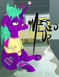 Size: 1488x1926 | Tagged: safe, artist:overlord pony, derpibooru import, oc, oc:mix tape, unofficial characters only, hinny, pony, unicorn, bandaid, clothes, horn, horn impalement, nonbinary, shirt, solo, tennis ball, underhoof