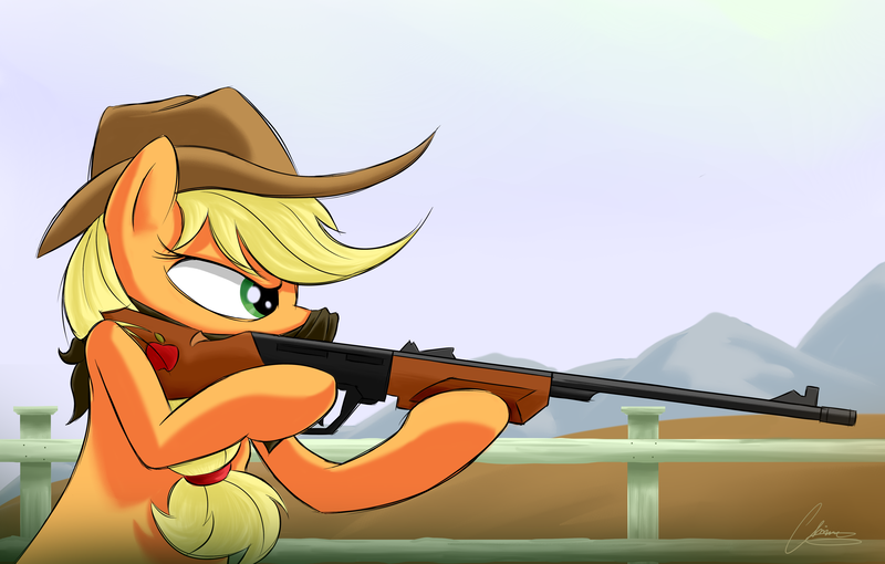 Size: 4857x3097 | Tagged: safe, artist:oinktweetstudios, derpibooru import, applejack, earth pony, pony, cowboy hat, female, gun, hat, mare, shotgun, solo, stetson, weapon