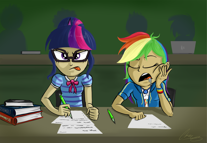 Size: 3304x2284 | Tagged: safe, artist:oinktweetstudios, derpibooru import, rainbow dash, sci-twi, twilight sparkle, equestria girls, equestria girls series, book, clothes, desk, drool, eyes closed, geode of super speed, geode of telekinesis, glasses, human coloration, magical geodes, open mouth, paper, school, sitting, sleeping, studying, textbook, tongue out, writing