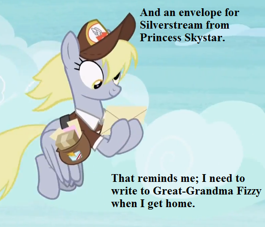 Size: 546x468 | Tagged: safe, derpibooru import, edit, edited screencap, screencap, derpy hooves, pegasus, pony, my little pony: the movie, school raze, clothes, cloud, cropped, envelope, female, flying, hat, implied fizzy, implied princess skystar, implied silverstream, mailbag, mailmare hat, mailpony uniform, mare, parcel, text, uniform