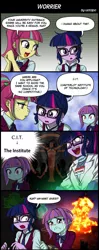 Size: 800x2020 | Tagged: safe, artist:uotapo, derpibooru import, sci-twi, sour sweet, sunny flare, twilight sparkle, equestria girls, clothes, comic, crying, crystal prep academy uniform, explosion, fallout, fallout 4, mad scientist, pipboy, school uniform, sunny flare's wrist devices, the institute, translation