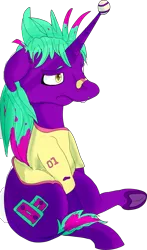 Size: 2086x3543 | Tagged: safe, artist:overlord pony, derpibooru import, oc, oc:mix tape, unofficial characters only, hinny, pony, unicorn, bandaid, clothes, horn, horn impalement, nonbinary, sad, shirt, simple background, solo, tennis ball, transparent background, underhoof