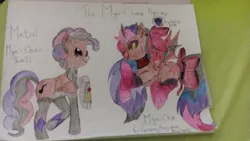 Size: 1024x576 | Tagged: safe, artist:mya-chan nina, derpibooru import, oc, oc:metal mya-chan, oc:mya-chan the vampony, unofficial characters only, alicorn, pony, robot, robot pony, unicorn, vampony, pony town, alicorn oc, amputee, bat wings, bow, clothes, cutie mark, dyed hair, flying, horn, jewels, legends of equestria, makeup, prosthetic leg, prosthetic limb, prosthetics, red nosed, robotic legs, singer, smiley face, socks, speakers, striped socks, sunglasses, title, traditional art, wall eyed, wings