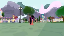 Size: 1366x768 | Tagged: safe, derpibooru import, oc, oc:mya-chan the vampony, unofficial characters only, pony, 3d, bank, bugged, cantermore, fountain, house, legends of equestria, mountain, mountain range, road, sign, statue, street, tree, video game