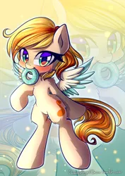 Size: 1500x2121 | Tagged: safe, artist:chaosangeldesu, derpibooru import, oc, unofficial characters only, pegasus, pony, bipedal, blushing, colored wings, colored wingtips, cute, donut, female, food, gift art, mare, mouth hold, smiling, solo, standing, zoom layer