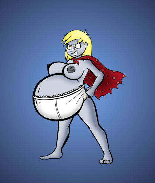 Size: 1422x1674 | Tagged: questionable, artist:funble, artist:pacificside18, derpibooru import, derpy hooves, equestria girls, areola, barefoot, belly, belly button, big belly, breasts, cape, captain underpants, captain underpants movie, clothes, feet, female, nipples, nudity, pose, pregnant, solo, solo female, superhero, underpants, underwear