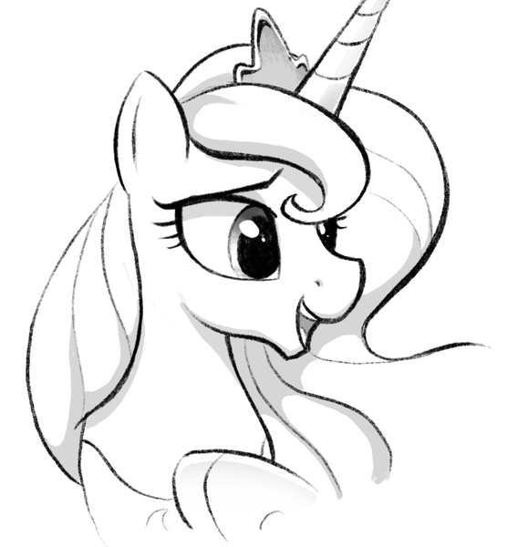 Size: 1492x1577 | Tagged: safe, artist:selenophile, derpibooru import, princess luna, alicorn, pony, bust, cute, female, grayscale, mare, monochrome, open mouth, simple background, smiling, solo, white background