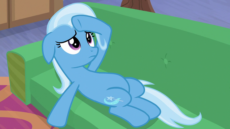 Size: 1280x720 | Tagged: safe, derpibooru import, screencap, trixie, pony, unicorn, road to friendship, belly, chubby, couch, female, floppy ears, image, mare, on back, png, solo, starlight's office