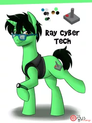 Size: 2400x3200 | Tagged: safe, artist:jcosneverexisted, derpibooru import, oc, oc:ray cyber tech, oc:ray tech, unofficial characters only, pony, unicorn, clothes, controller, cutie mark, explicit source, glasses, joystick, male, reference sheet, solo, unicorn oc, vest, watch