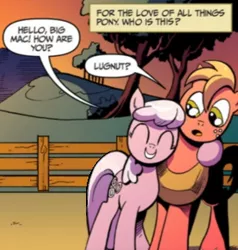 Size: 285x299 | Tagged: artist:andypriceart, big macintosh, cheerilee, comic, confused, cropped, derpibooru import, edit, editor:symphonic sync, female, idw, male, safe, side hug, speech bubble, spoiler:comic, spoiler:comic10, zen and the art of gazebo repair