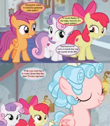 Size: 616x704 | Tagged: safe, derpibooru import, edit, edited screencap, screencap, apple bloom, cozy glow, scootaloo, sweetie belle, earth pony, pegasus, pony, unicorn, school raze, adorabloom, bow, cropped, cute, cutealoo, cutie mark, cutie mark crusaders, diasweetes, female, filly, foal, implied hondo flanks, mane bow, noodle incident, reminiscing, school of friendship, speech bubble, text, the cmc's cutie marks, this will end in pain and/or tears and/or death and/or covered in tree sap, this will end in tears, tree sap and pine needles