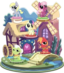 Size: 4014x4557 | Tagged: safe, artist:phucknuckl, derpibooru import, part of a set, big macintosh, bon bon, cheerilee, derpy hooves, granny smith, sweetie drops, earth pony, pegasus, pony, my little pocket ponies, absurd resolution, adorabon, adorasmith, bridge, bush, cheeribetes, chibi, cute, derpabetes, elderly, female, flower, freckles, granny smith's scarf, house, inkscape, looking at you, macabetes, male, mare, one hoof raised, open mouth, pocket ponies, ponyville, rearing, set, simple background, smiling, smiling at you, stallion, standing, straw in mouth, transparent background, unshorn fetlocks, vector, wall of tags, water, windmill