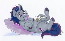 Size: 1234x782 | Tagged: safe, artist:stardrawsponies, artist:starsheepsweaters, derpibooru import, oc, oc:der, oc:verlo streams, unofficial characters only, bat pony, gryphon, pony, unicorn, bellyrubs, duo, male, micro, on back, pillow, simple background, traditional art