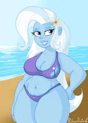 Size: 800x1122 | Tagged: suggestive, artist:professordoctorc, derpibooru import, trixie, equestria girls, beach, beach babe, belly button, bikini, bikini babe, breasts, busty trixie, chubby, cleavage, clothes, curvy, cutie mark swimsuit, extra thicc, female, hips, plump, solo, solo female, swimsuit, thick, thighs, thunder thighs, wide hips