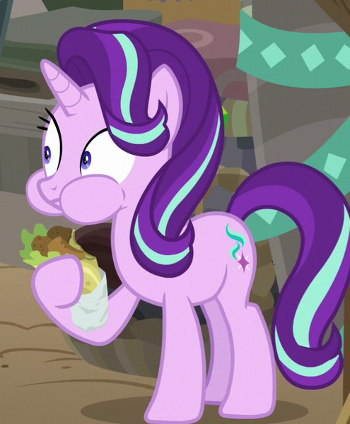 Size: 526x638 | Tagged: safe, derpibooru import, screencap, starlight glimmer, pony, unicorn, road to friendship, cropped, eating, falafel, female, food, mare, puffy cheeks, solo, wide eyes