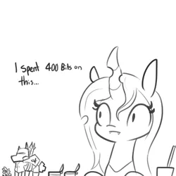 Size: 1280x1280 | Tagged: safe, artist:tjpones, derpibooru import, queen chrysalis, changeling, changeling queen, :i, crack is cheaper, dialogue, fail, fangs, female, figurine, gaming miniature, grayscale, hyperspace hyperwars, miniature, monochrome, paint, paintbrush, regret, simple background, solo, tabletop game, white background