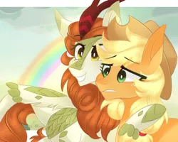 Size: 1000x800 | Tagged: safe, artist:waterz-colrxz, derpibooru import, applejack, autumn blaze, earth pony, kirin, pony, sounds of silence, a kirin tale, cowboy hat, duo, freckles, hat, rainbow, scene interpretation, stetson