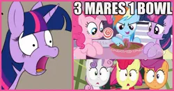 Size: 1728x910 | Tagged: safe, derpibooru import, edit, edited screencap, screencap, apple bloom, pinkie pie, rainbow dash, scootaloo, sweetie belle, twilight sparkle, 2 girls 1 cup, all new, candy, food, image, image macro, jpeg, meme, reference, text, two girls one cup