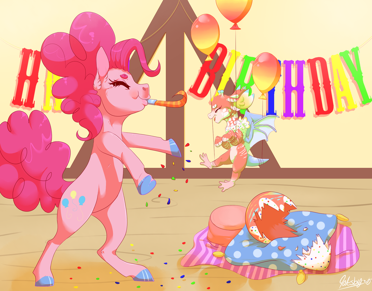 Size: 1958x1536 | Tagged: artist:qatsby, balloon, bipedal, colored hooves, derpibooru import, draconequus, draconequus oc, egg, female, floating, hatching, interspecies offspring, mother and daughter, newborn, noisemaker, oc, oc:funfetti, offspring, parent:discord, parent:pinkie pie, parents:discopie, pinkie pie, safe, story in the source