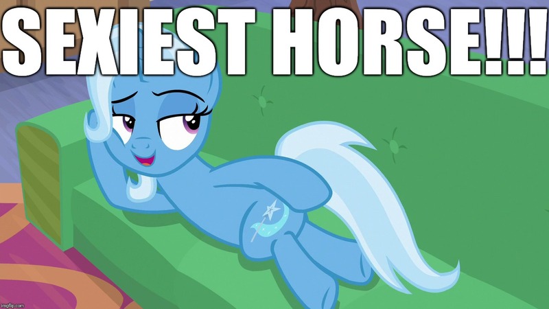 Size: 1280x720 | Tagged: safe, derpibooru import, edit, edited screencap, editor:useraccount, screencap, trixie, horse, pony, unicorn, road to friendship, best pony, couch, draw me like one of your french girls, female, image macro, looking back, mare, meme, prone, solo