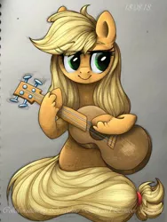 Size: 900x1200 | Tagged: safe, artist:lantoor, derpibooru import, applejack, earth pony, pony, blonde, cute, eye clipping through hair, female, guitar, hatless, jackabetes, lidded eyes, mare, missing accessory, solo, unshorn fetlocks