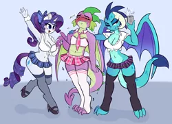 Size: 5000x3618 | Tagged: suggestive, artist:wickedsilly, derpibooru import, princess ember, rarity, spike, anthro, dragon, unicorn, armpits, bedroom eyes, belly button, blushing, bow, breasts, busty princess ember, busty rarity, cleavage, clothes, crossdressing, dialogue, embarrassed, eyes closed, female, femboy spike, hair bow, high heels, holding hands, humiliation, image, male, mary janes, midriff, miniskirt, mobile phone, necktie, one eye closed, open mouth, phone, plaid skirt, pleated skirt, png, school uniform, schoolgirl, selfie, shaking, shirt, shoes, skirt, skirt lift, smiling, socks, sweat, thigh highs, zettai ryouiki