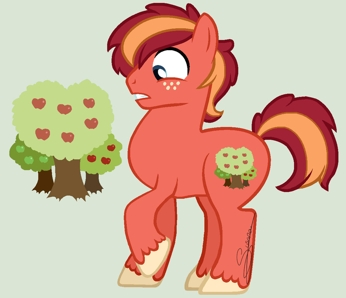 Size: 1185x1021 | Tagged: safe, artist:tejedora, derpibooru import, oc, oc:malus, unofficial characters only, apple tree, base used, green background, magical gay spawn, offspring, parent:big macintosh, parent:caramel, parents:caramac, simple background, solo, tree