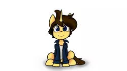 Size: 2732x1536 | Tagged: safe, artist:spheedc, derpibooru import, oc, oc:dream chaser, pony, unicorn, clothes, digital art, jacket, male, simple background, sitting, smiling, solo, stallion