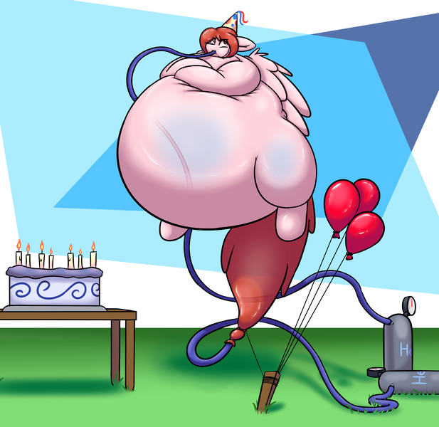 Size: 4111x4000 | Tagged: abstract background, absurd resolution, artist:snickerdoodle-mod, balloon, balloonie pony, belly, big belly, bingo wings, birthday cake, birthday party, blank flank, cake, derpibooru import, eyeroll, female, floating, floating away, food, hat, helium, helium inflation, helium tank, hose, inflated ears, inflated wings, inflation, oc, oc:weathervane, original species, party, party hat, pegasus, questionable, solo, stake, unofficial characters only