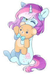 Size: 590x875 | Tagged: safe, artist:silvah-chan, derpibooru import, oc, oc:rainbow kitty, pony, unicorn, female, mare, one eye closed, plushie, simple background, solo, teddy bear, transparent background, wink